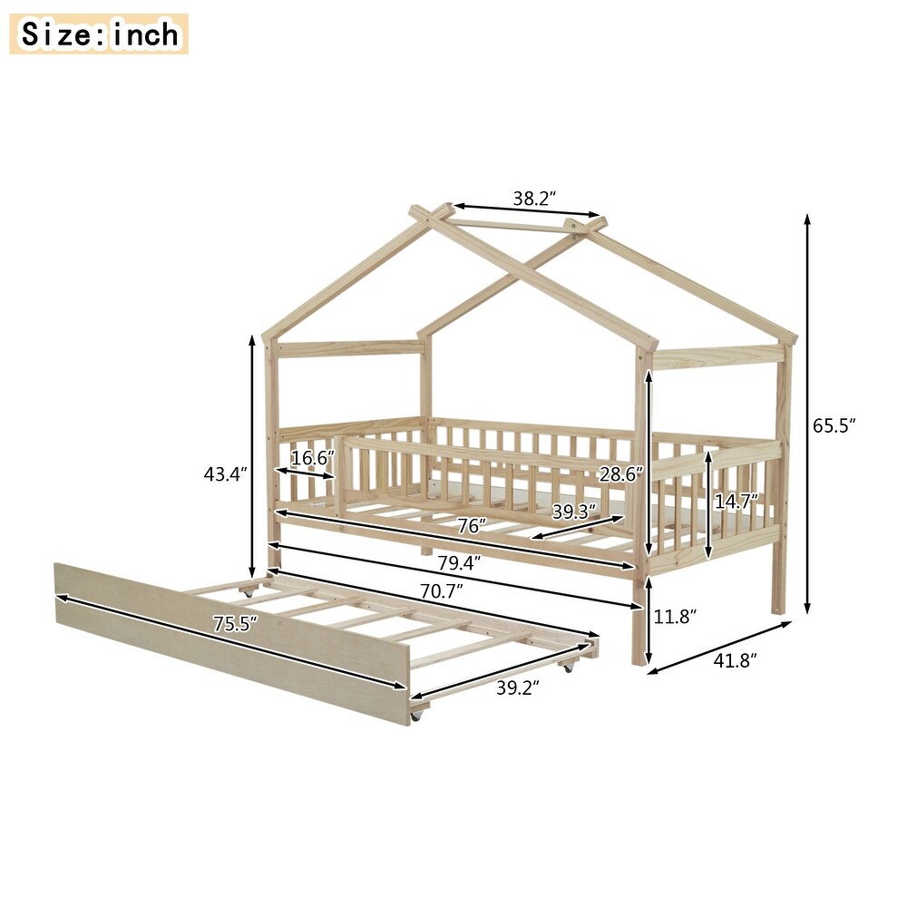 Nordic Twin Size Wooden House Bed with Twin Size Trundle Bed Frame   Safety Guard Rails No Box Spring Needed  Easy Assembly