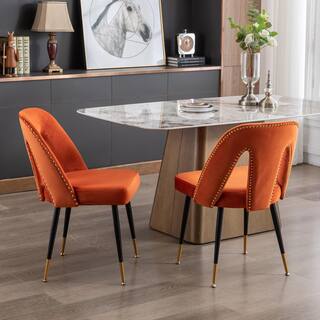 Modern Orange Velvet Upholstered Dining Chair with Nailheads and Metal Legs (Set of 2) FY-W114343514