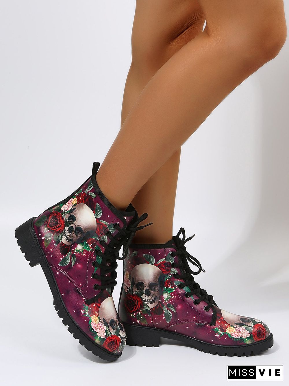 Floral Street All Season Printing Party Low Heel Lace-Up Non-Slip Classic Boots Boots for Women