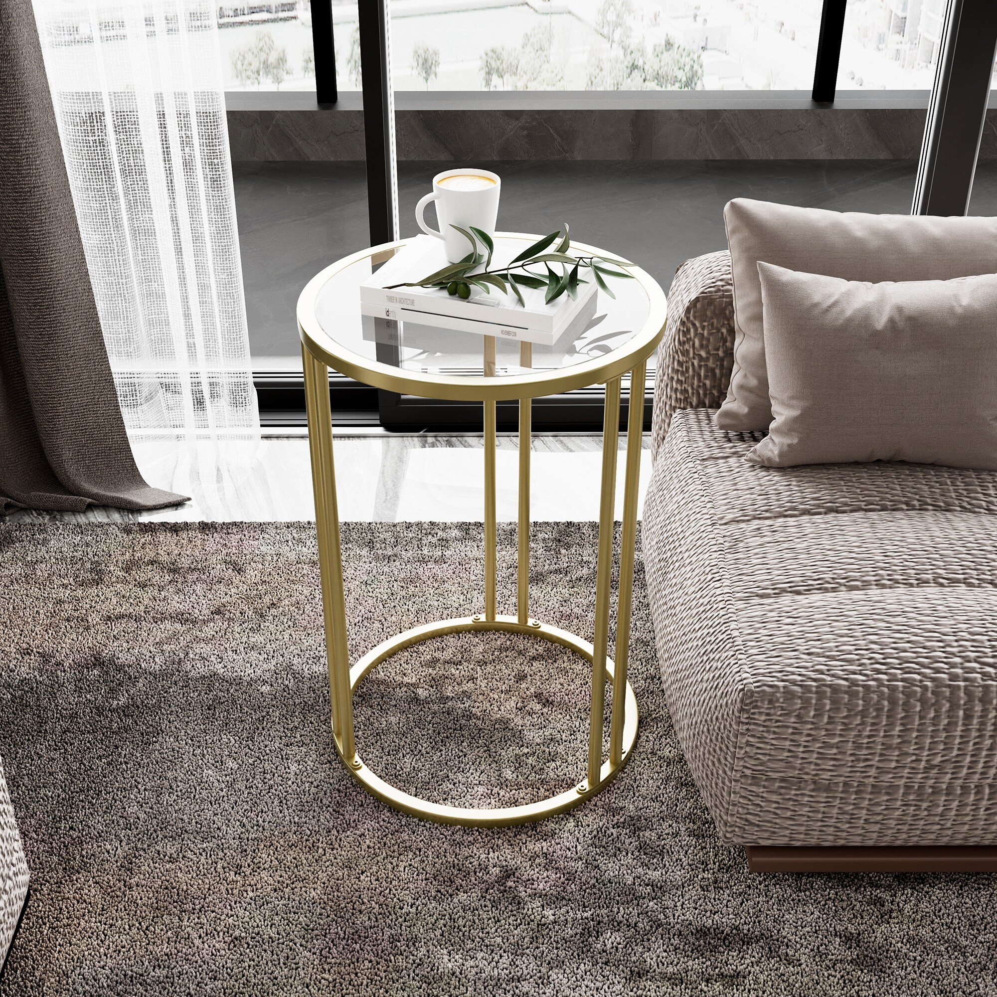 Gold Glass End Table with Metal Frame Round Side Table