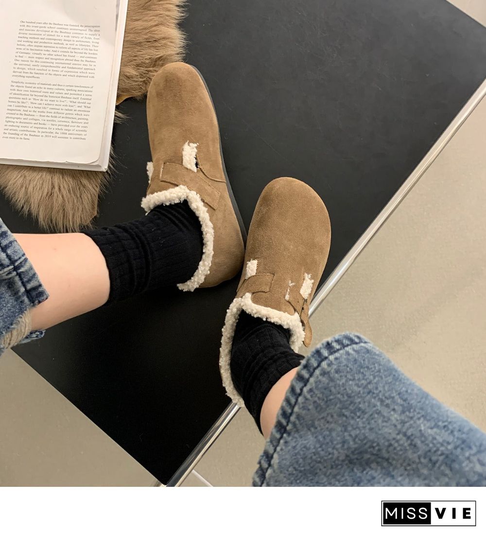 Women's Casual Solid Color Round Toe Flat Sole Plush Slippers