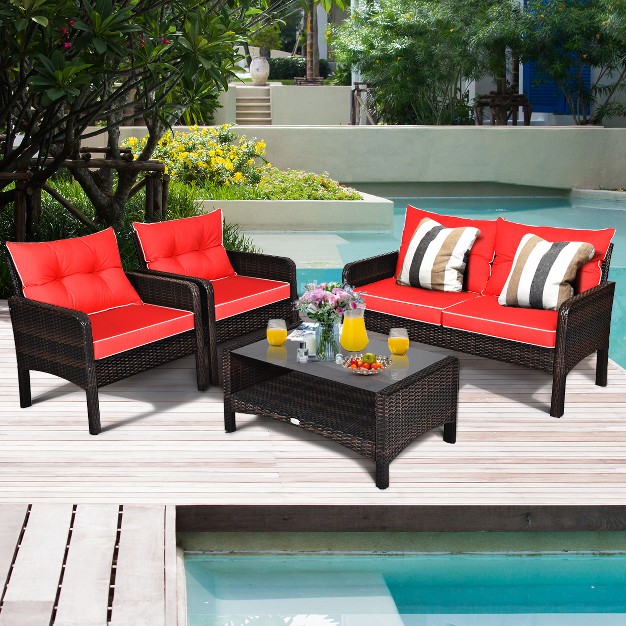 Costway 4pcs Patio Rattan Furniture Set Loveseat Sofa Coffee Table Garden W red Cushion