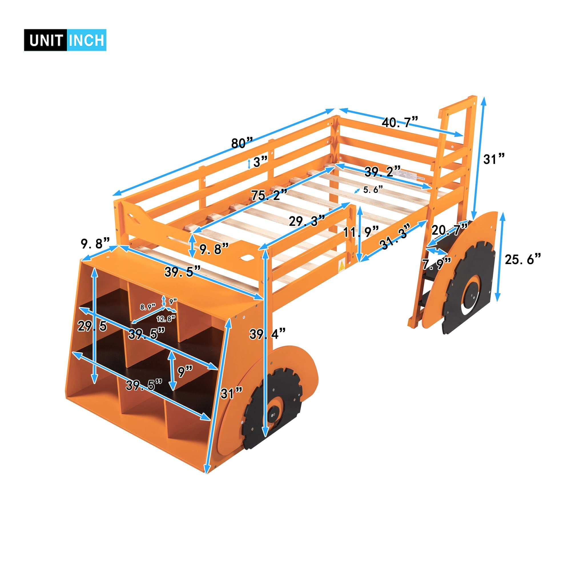 Pine Wood Car-Shaped Low Loft Bed with Shelf for Kids Bedroom, Orange