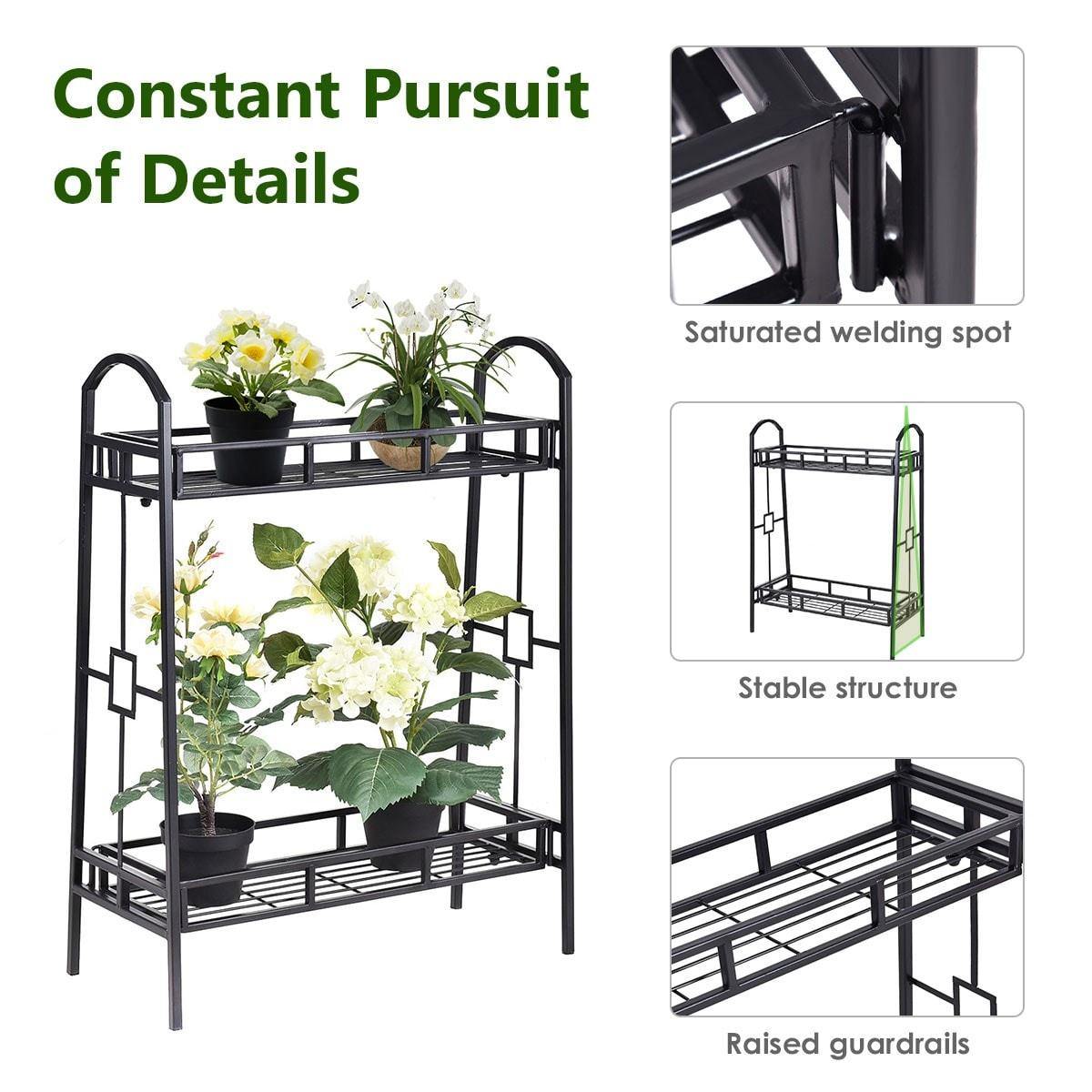 2 Tier Outdoor Metal Plant Stand Flower Pot Holder Freestanding Display Shelf Rack