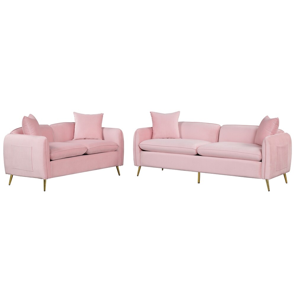 Modern Deep Seat Velvet Upholstered Sofa with Side Pocket and Pillows