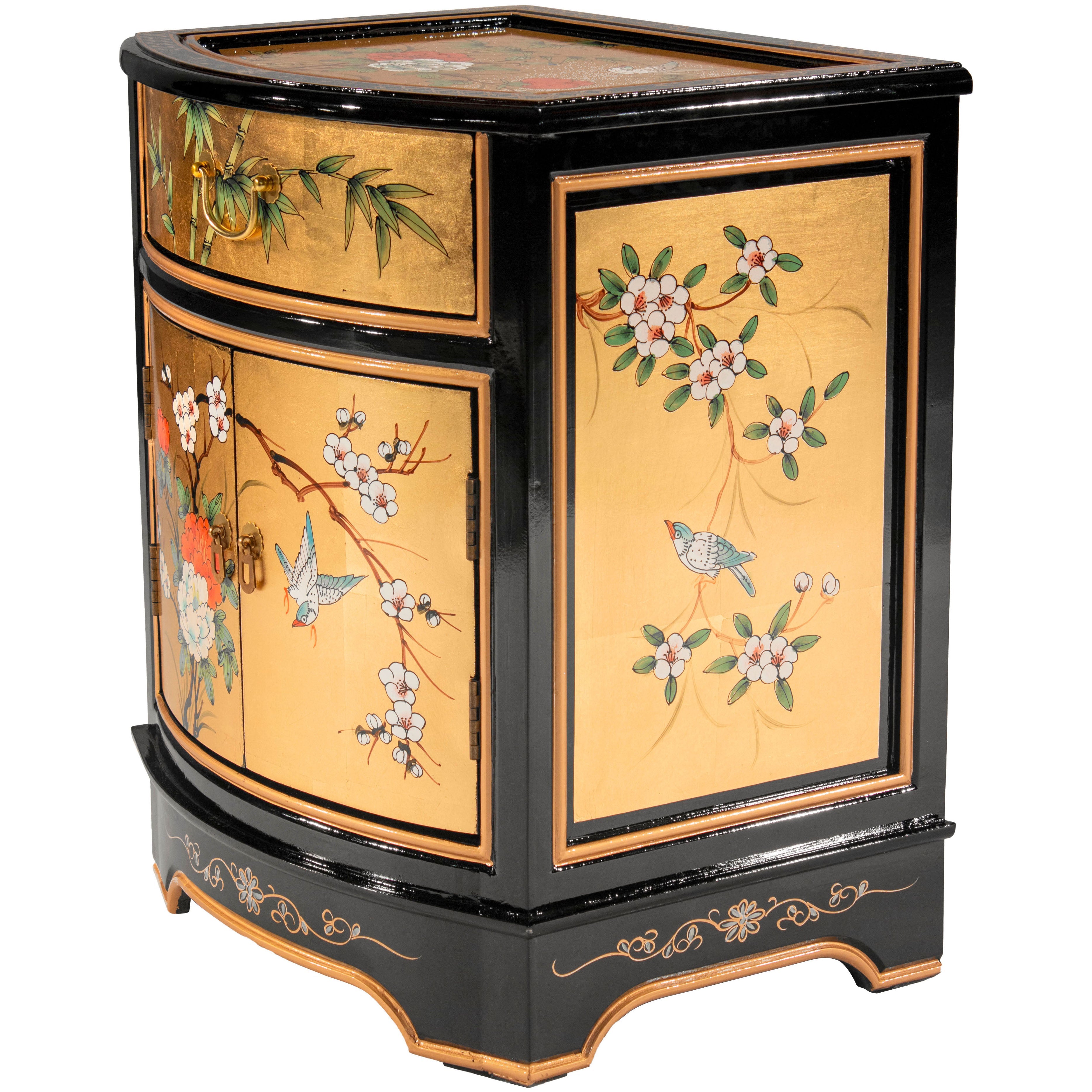 Oriental Furniture Gold Lacquer End Table - Birds and Flowers