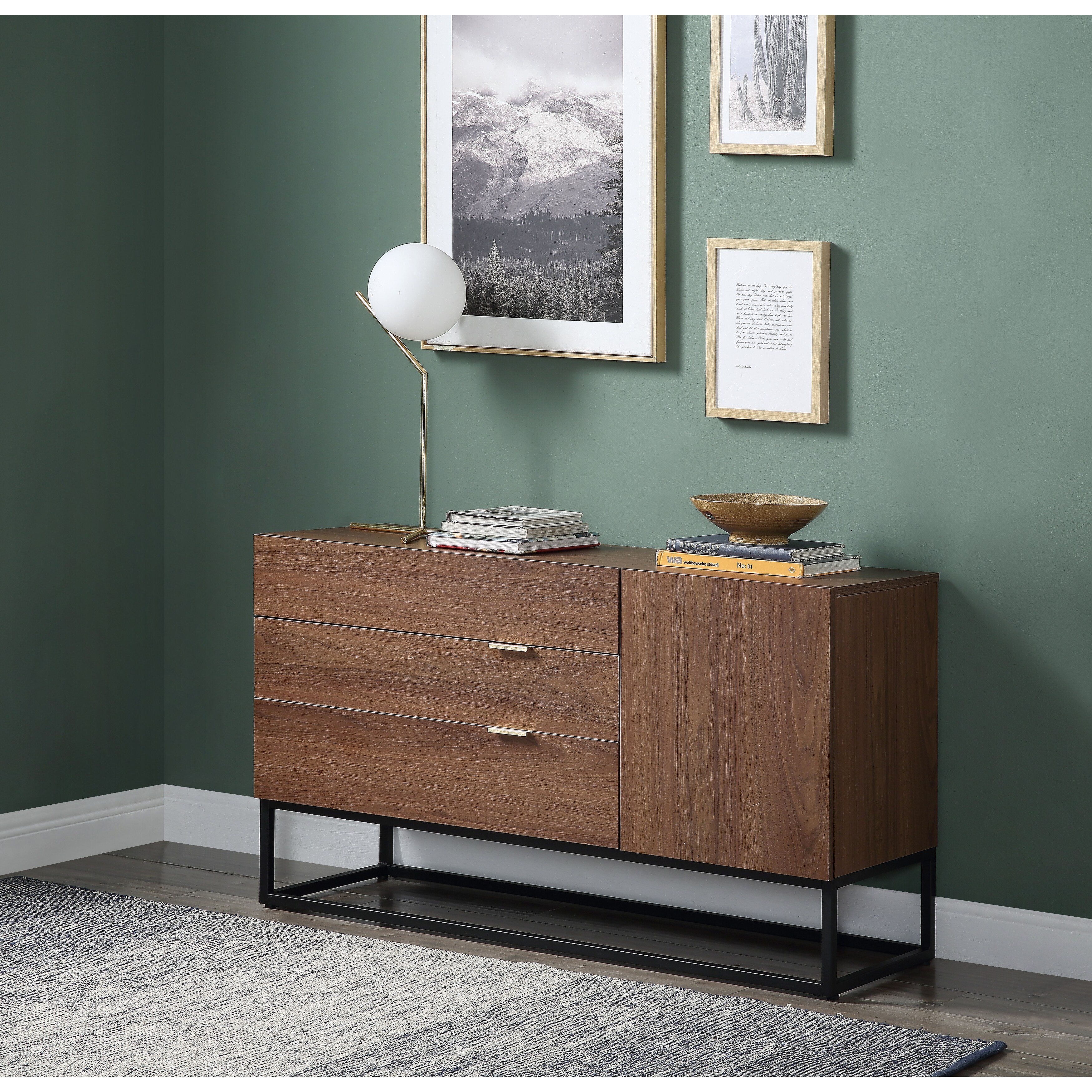 Console Table in Walnut and Black Finish Retro Design Console Table with Two Open Shelves， Console Tables