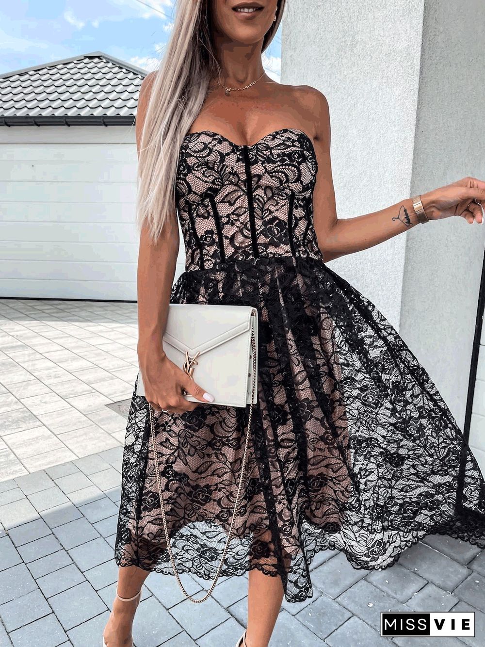 Women'S Dresses Tube Top Lace Mesh Sleeveless Dress