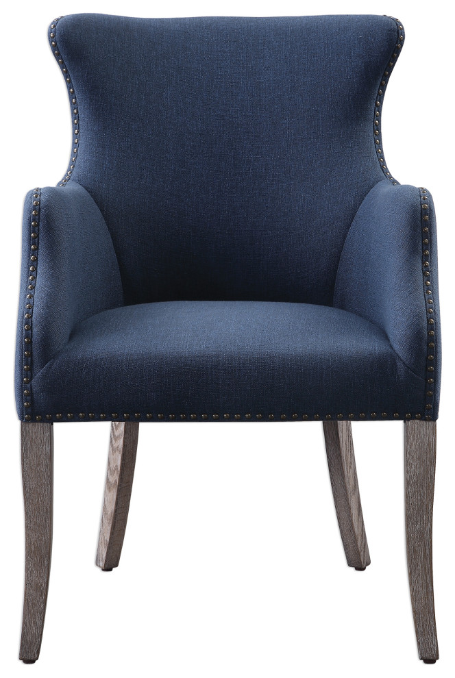 Luxe Dark Blue Denim Fabric Accent Chair Wing Arm Nailhead Trim Casual Bronze   Transitional   Armchairs And Accent Chairs   by My Swanky Home  Houzz