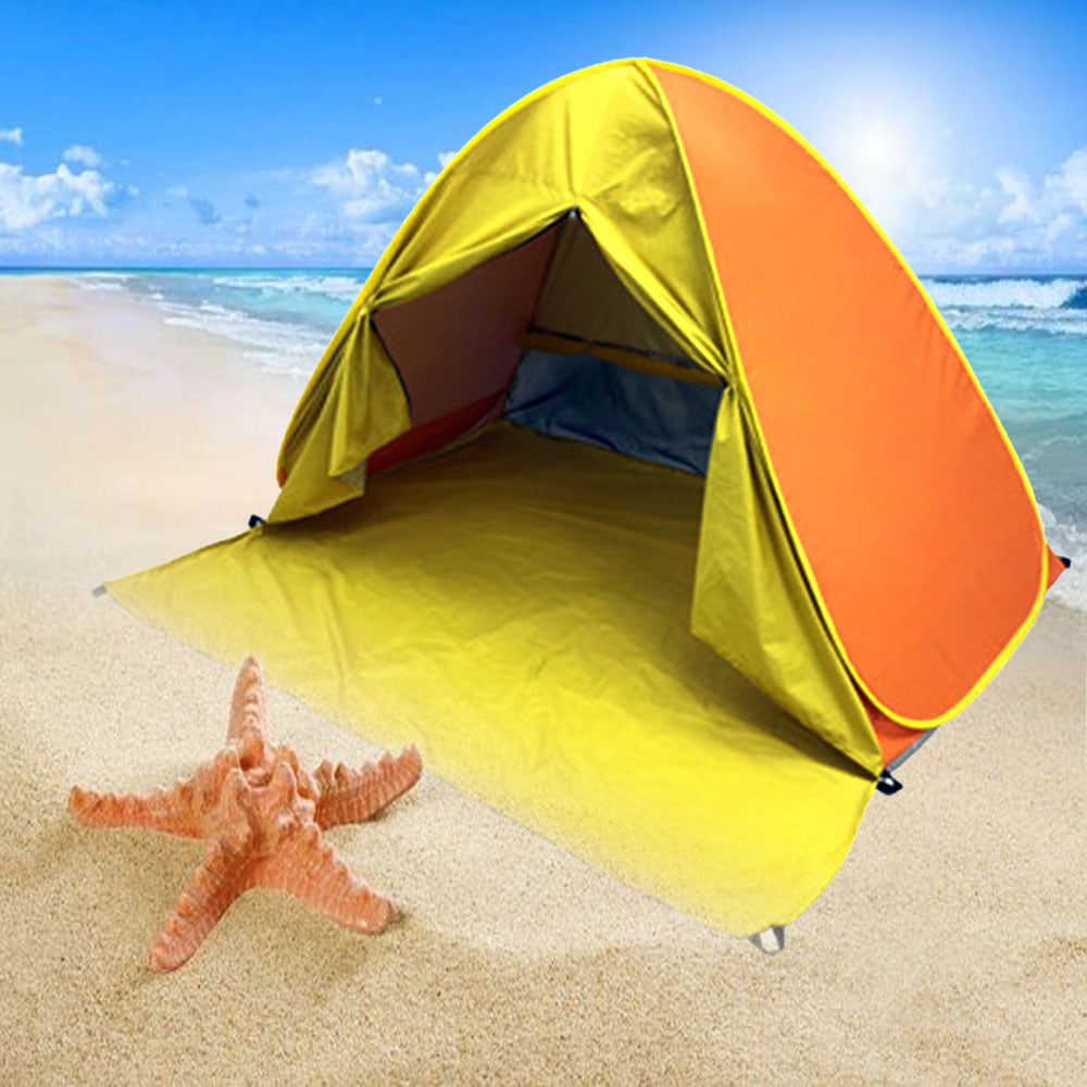 PVUEL Pop Up Beach Tent Sun Shelter， 3-5 Person Shade Triangle Portable Outdoor Camping Canopy Yellow and Orange