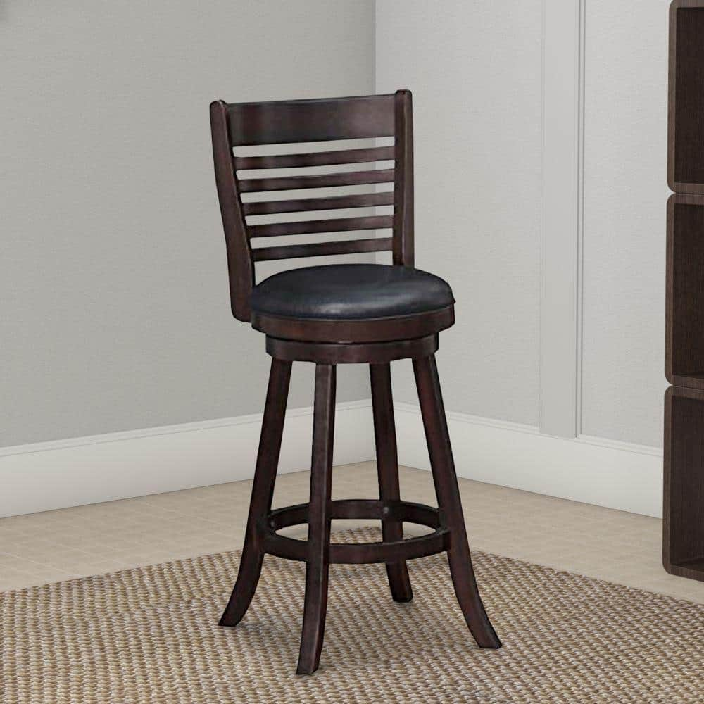 Benjara Brown and Black Wooden Swivel Bar Stool with Leatherette Seating (Set of 2) BM183384