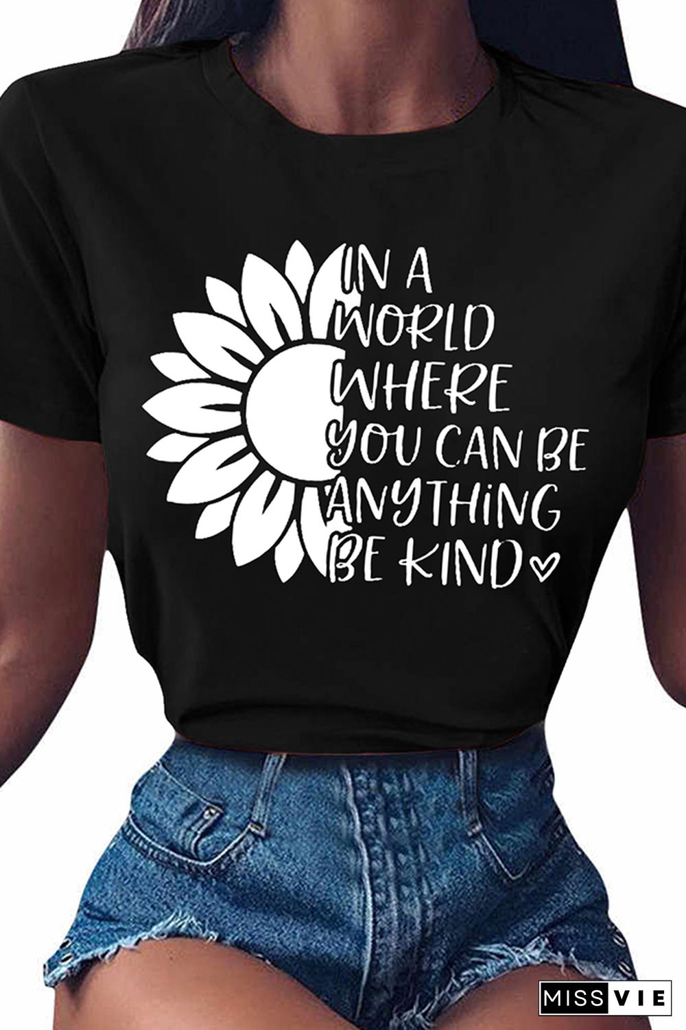 Sunflower & Letters Print Graphic Tees for Women Wholesale Short Sleeve T shirts Top