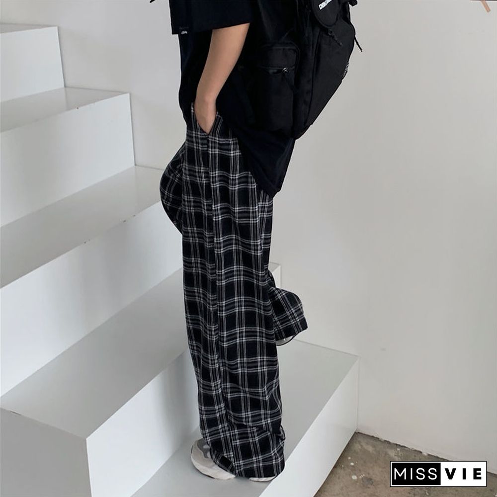 Black And Pink Plaid Pants Oversize Women Pants High Waist Loose Wide Leg Trousers Ins Retro Teens Straight Trousers Streetwear