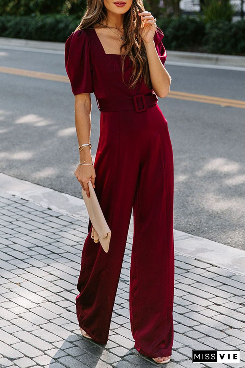 Fashion Elegant Solid Fold With Belt Square Collar Jumpsuits