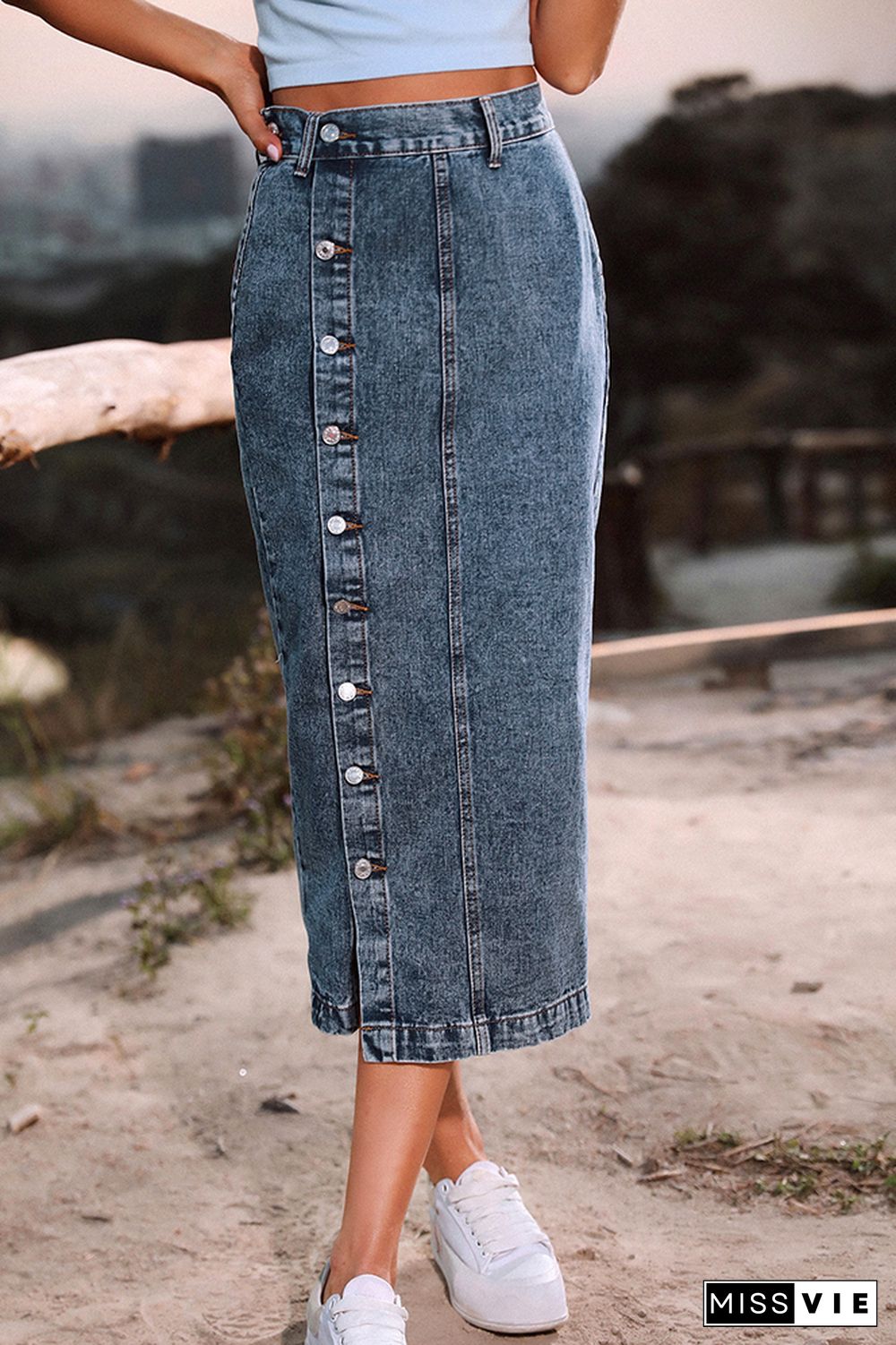 Slit Buttons High Waist Denim Skirt Wholesale