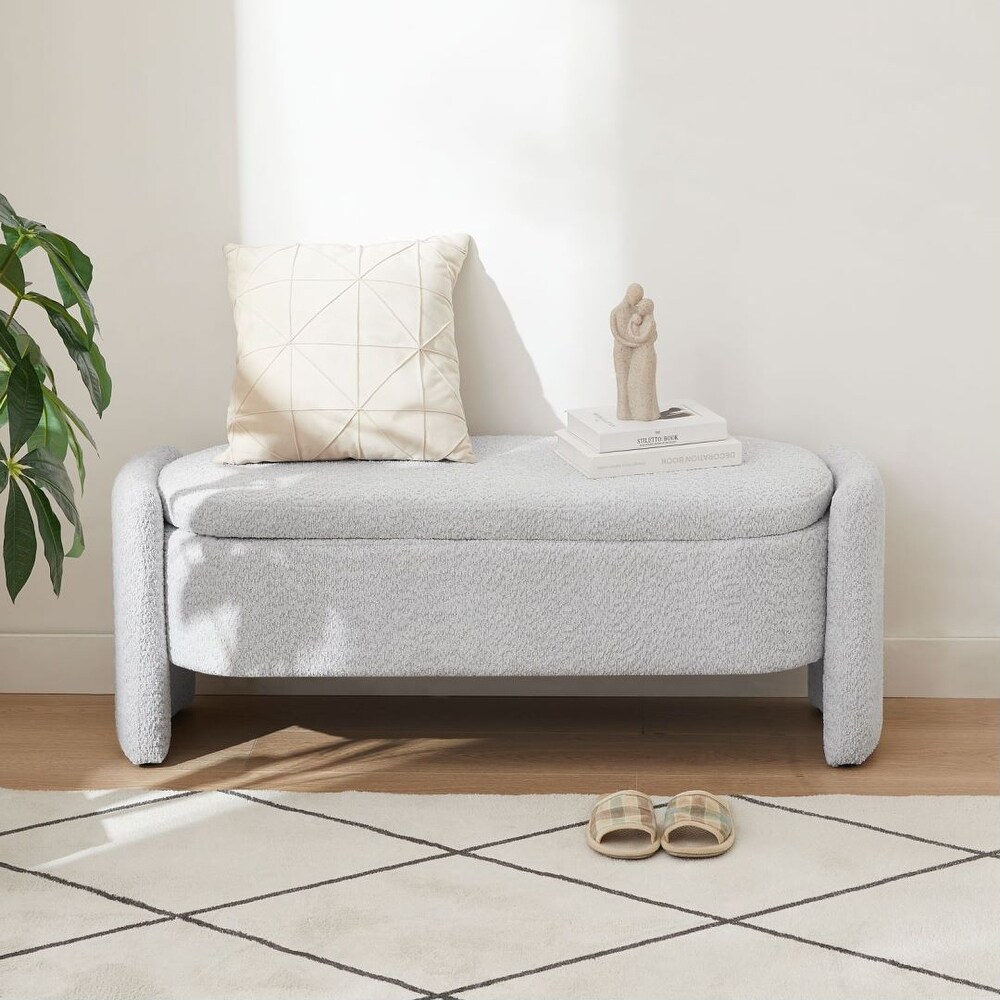 Ottoman Oval Storage Bench Lamb Fleece Fabric Bench with Large Storage