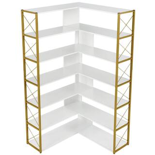 Angel Sar 37.40 in. Wide Golden and White Wood 7-Tier L-Shaped Bookcase Corner Bookcase with Metal Frame AD000273