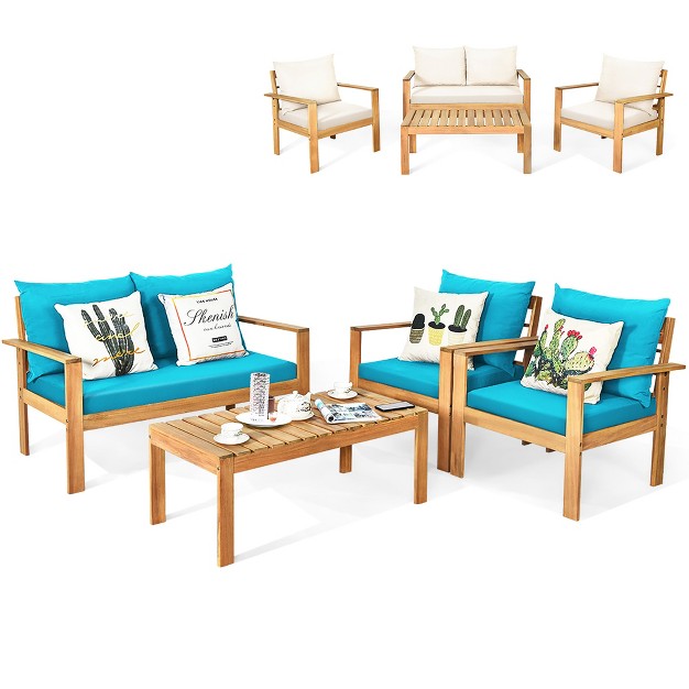 Costway Outdoor 4pcs Acacia Wood Chat Conversation Sofa 2 Sets Cushion Cover Turquoise red