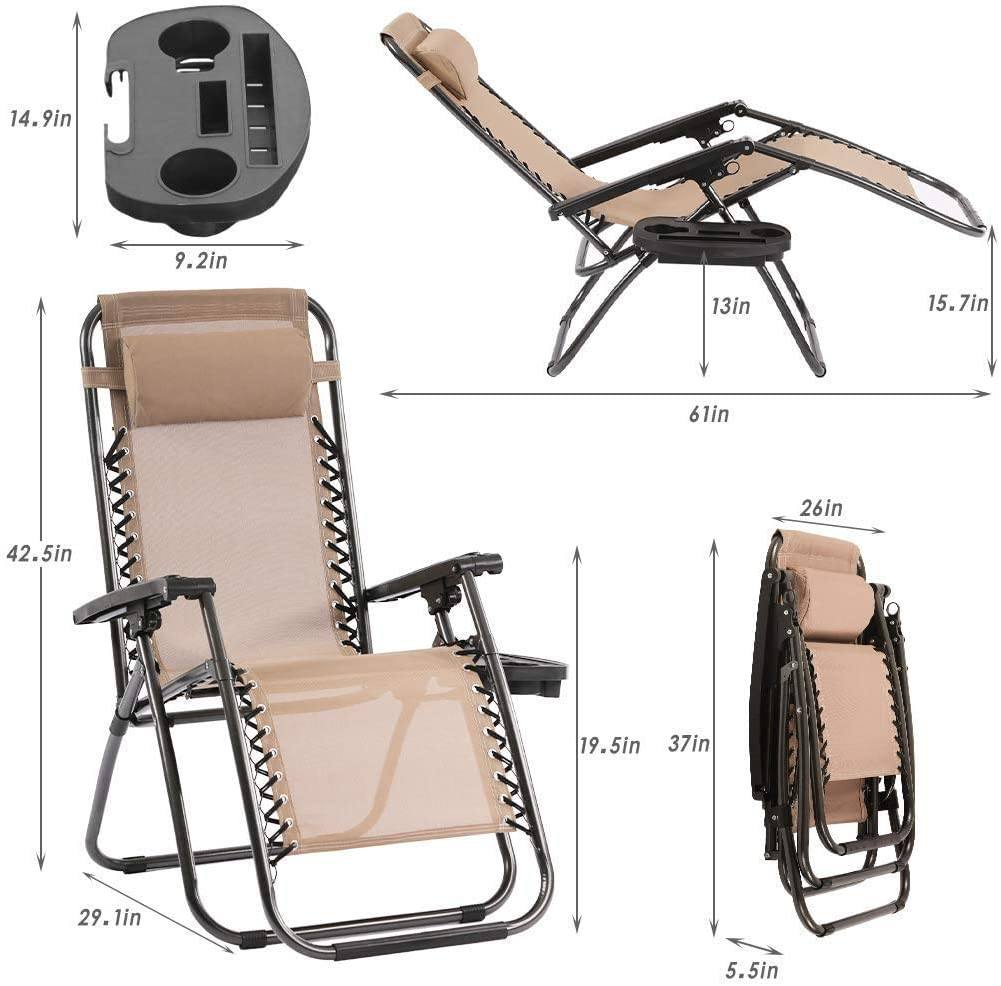 YRLLENSDAN Outdoor Zero Gravity Folding Chair 2 Pack， Portable Lounge Chairs Recliners with Adjustable Pillows and Cup Holder Tray - Tan