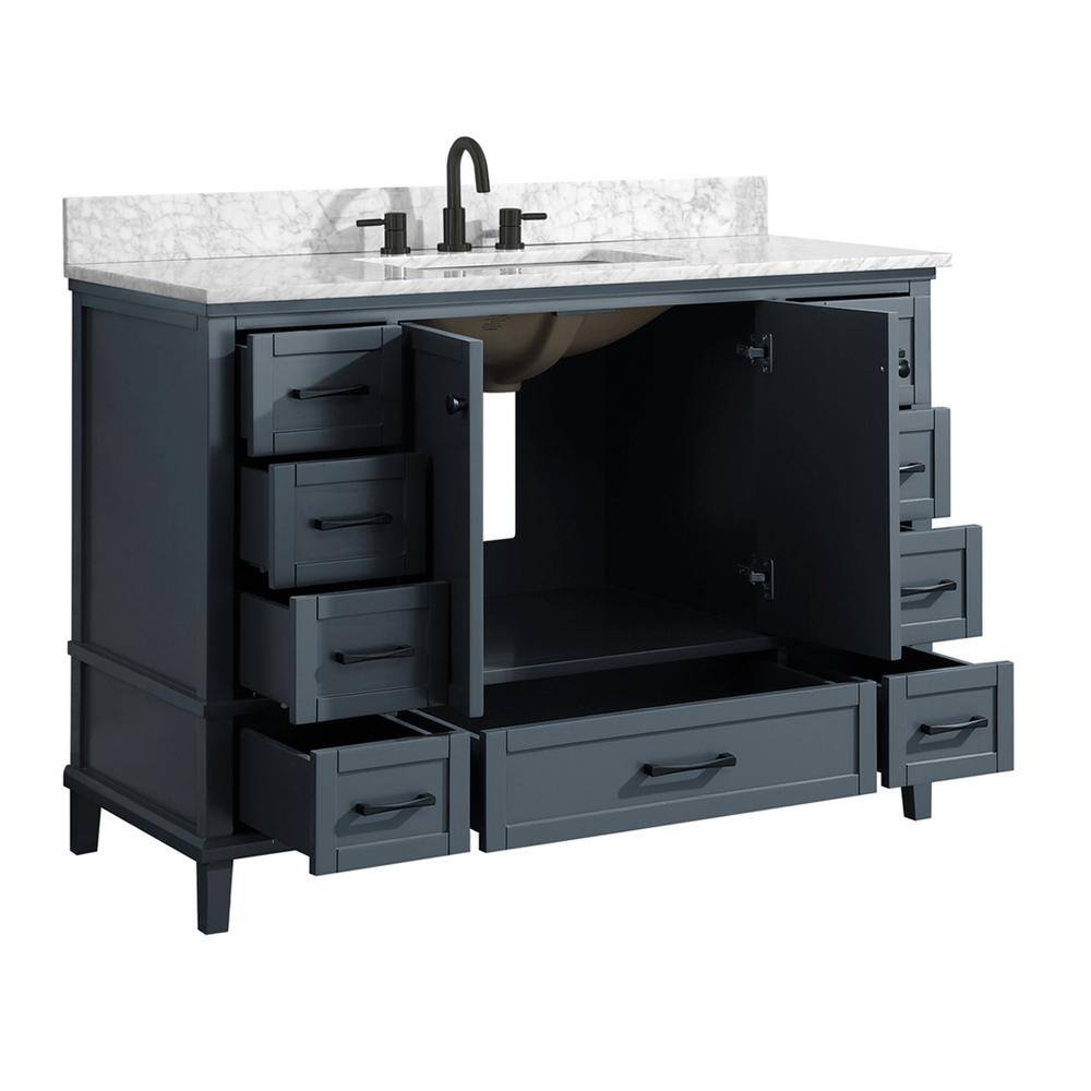 Home Decorators Collection Merryfield 49 in. W x 22 in. D x 35 in. H Freestanding Bath Vanity in Dark Blue-Gray with Carrara White Marble Top 19112-VS49-DG