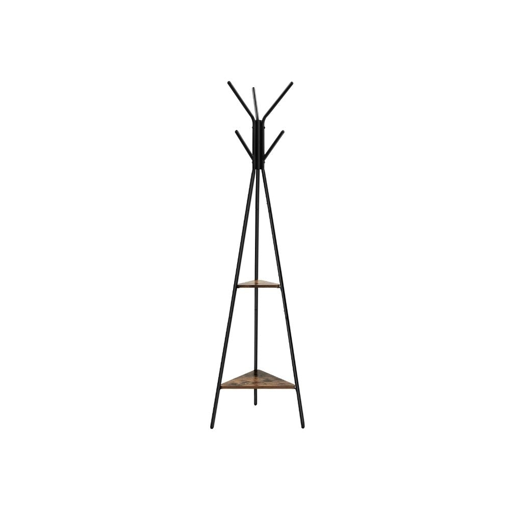 Iron Framed Coat Rack Stand with Six Hooks and Two Wooden Shelf， Black and Brown- Saltoro Sherpi