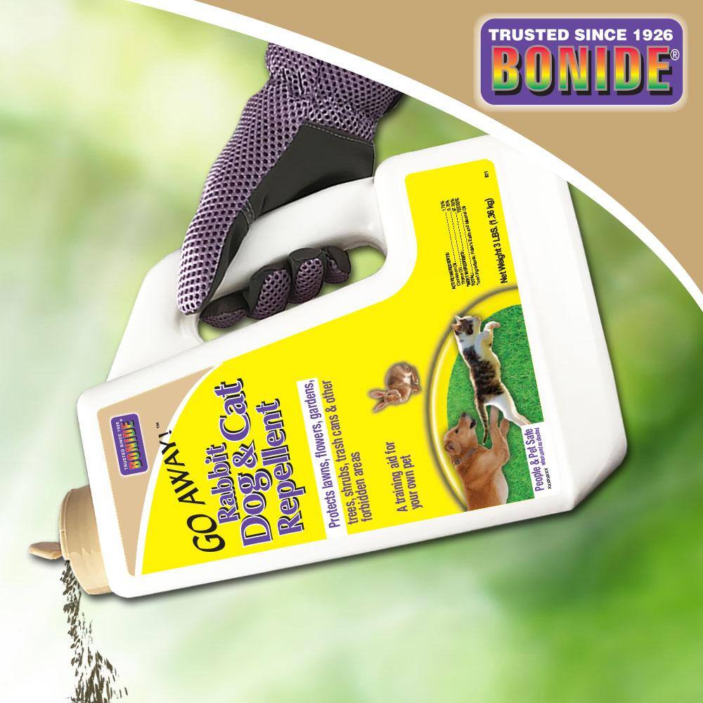 Bonide Go Away Rabbit Dog and Cat Repellent 3 lb Granules Training Aid Protects Lawns Flowers and Gardens 871