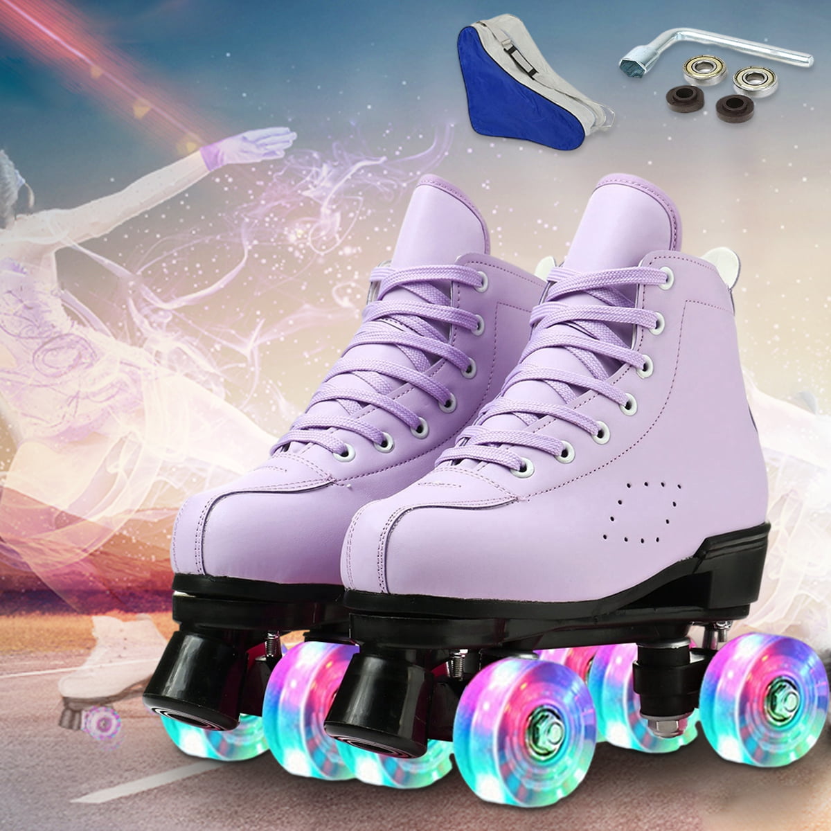 Roller Skate Shoes for Women Men， PU Leather Double-Row Roller Skates for Beginner， Professional Indoor Outdoor Roller Skates with Shoes Bag， Size 7