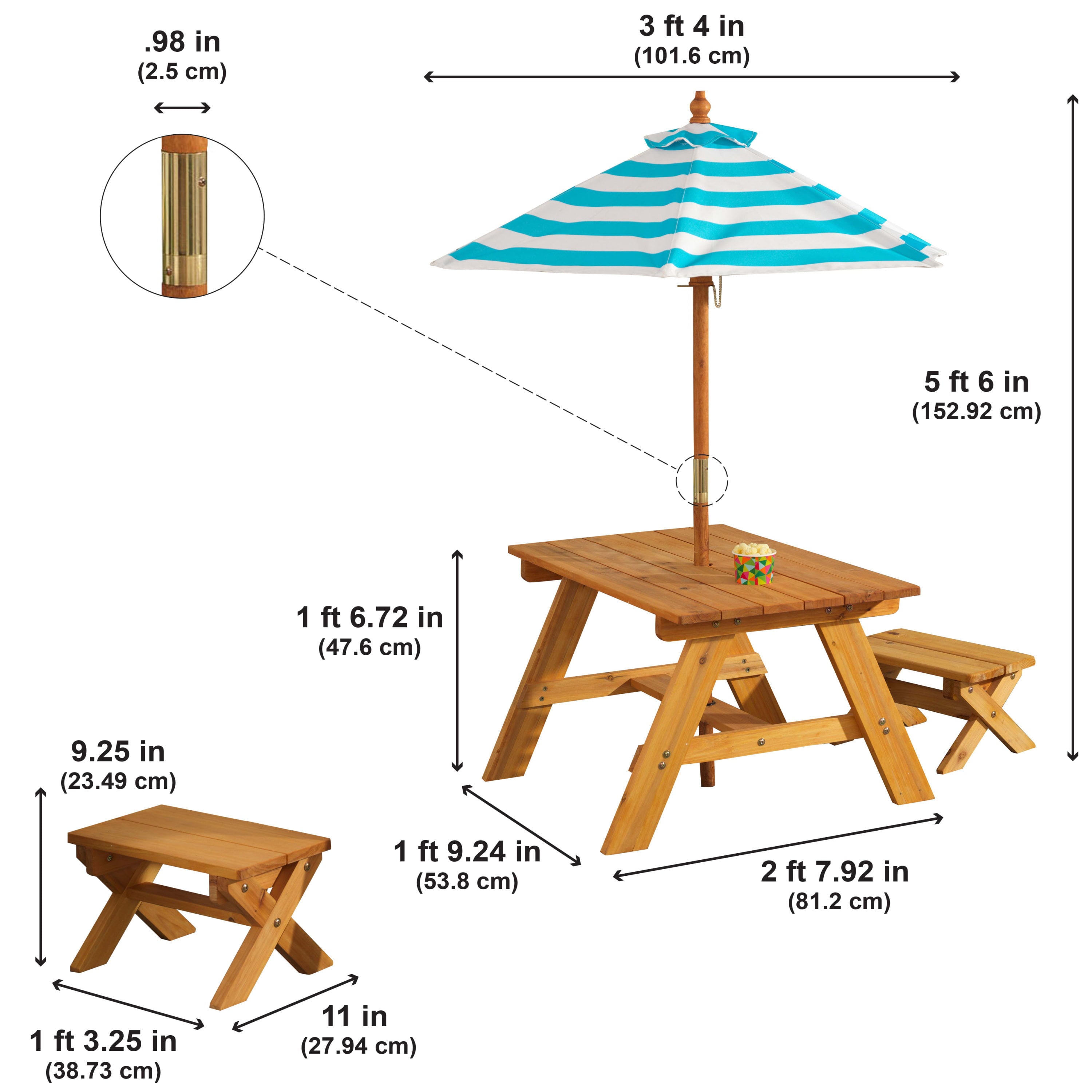 KidKraft Outdoor Wooden Table & Bench Set, Striped Umbrella, Turquoise and White