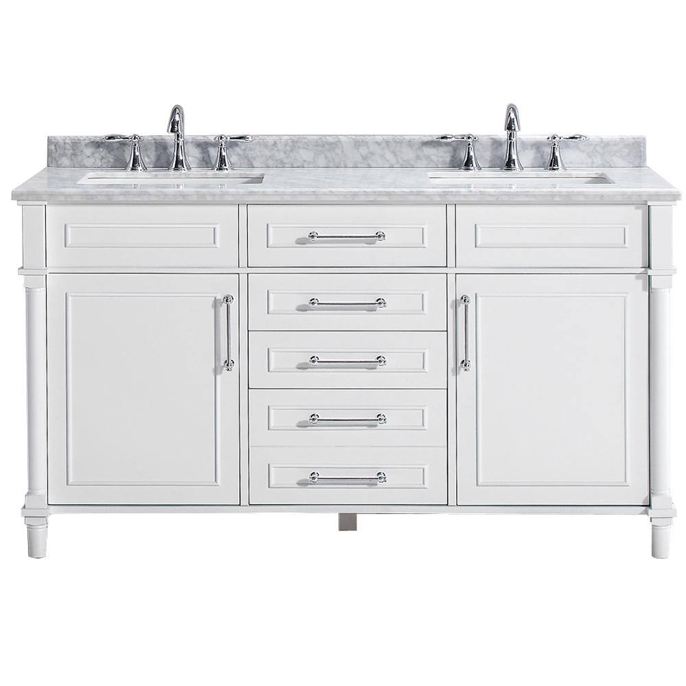 Home Decorators Collection Aberdeen 60 in. W x 22.1 in. D x 34.5 in. H Freestanding Bath Vanity in White with Carrara Marble Top Aberdeen 60W