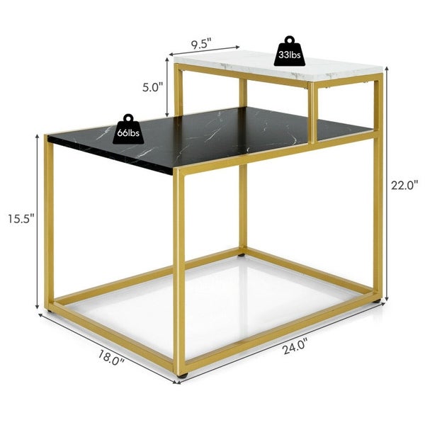 2-Tier Side Table with Metal Frame and Marble Finish Tabletop