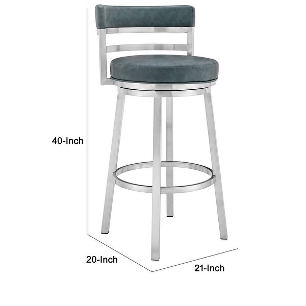 Eva 30 Inch Padded Swivel Bar Stool Chair， Steel Finish， Blue Faux Leather