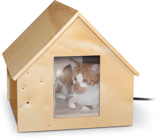 KandH Pet Products Birchwood Manor Wooden Outdoor Heated Cat House， Natural Wood