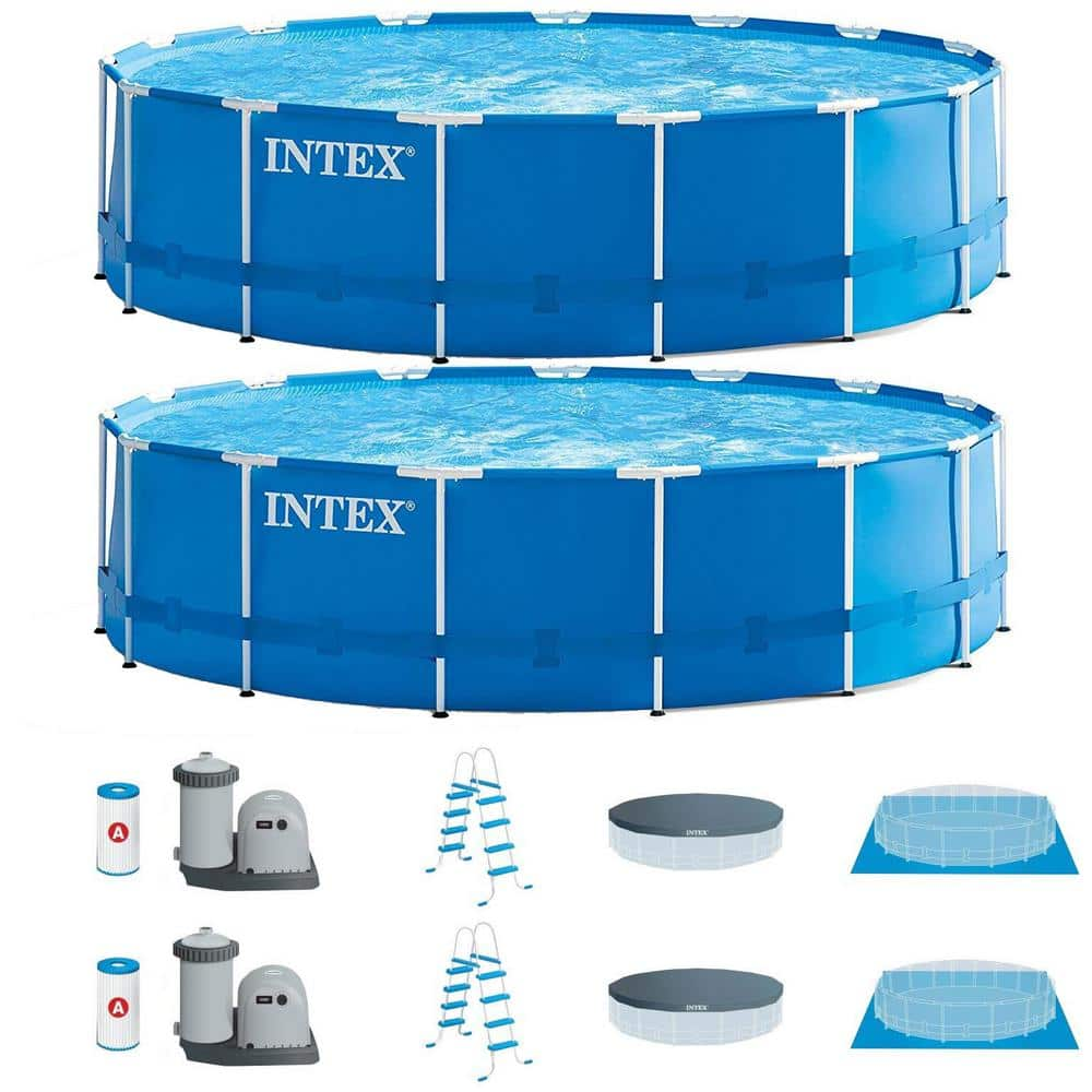 Intex 15 ft. Round 48 in. D Metal Frame Hard Sided Above Ground Swimming Pool Set with Pump (2-Pack) 2 x 28241EH