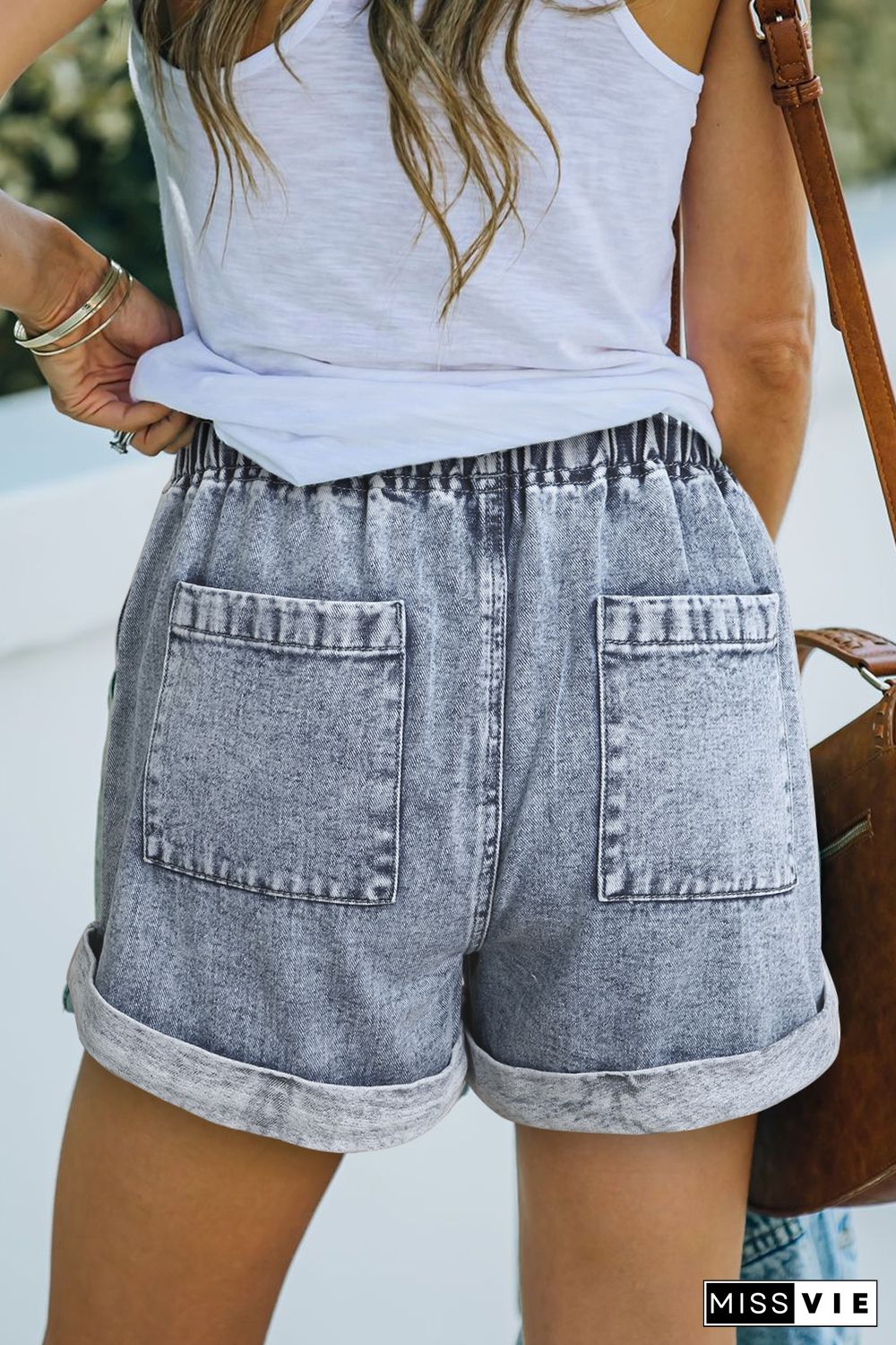 Gray Pocketed Drawstring High Waist Denim Shorts