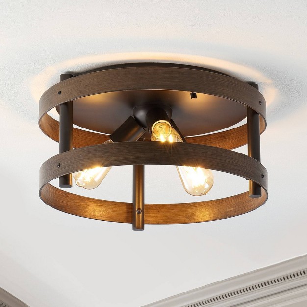 3 light Cooper Farmhouse Industrial Iron Led Flush Mount Brown Wood Finished oil Rubbed Bronze Jonathan Y