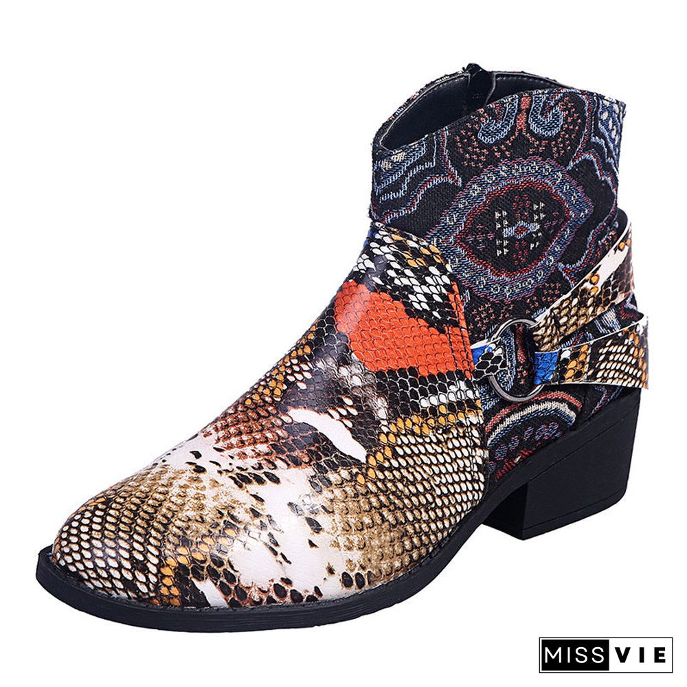 Women's Graphic Round Toe Mid Heel Casual Low Boots