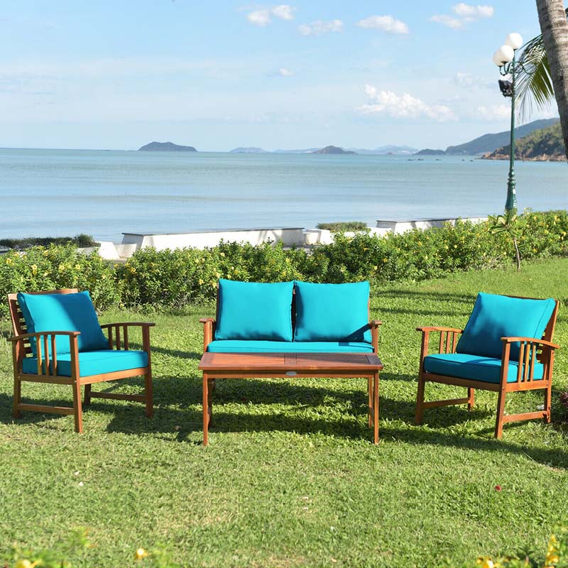 4 Pcs Acacia Wood Patio Furniture Set Outdoor Sofa Chair Conversation Set with Seat & Back Cushions