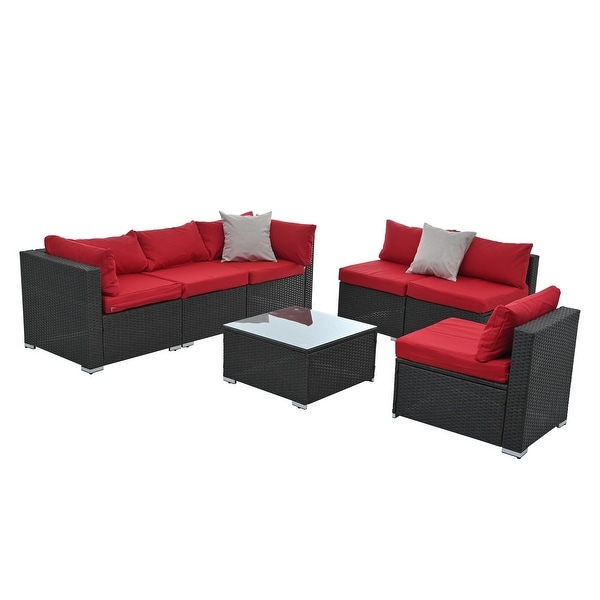 7Pcs Outdoor Sectional Furniture Set，AllWeather PE Rattan Sectional Sofa Conversation Set w/ Coffee Table and Washable Cushions