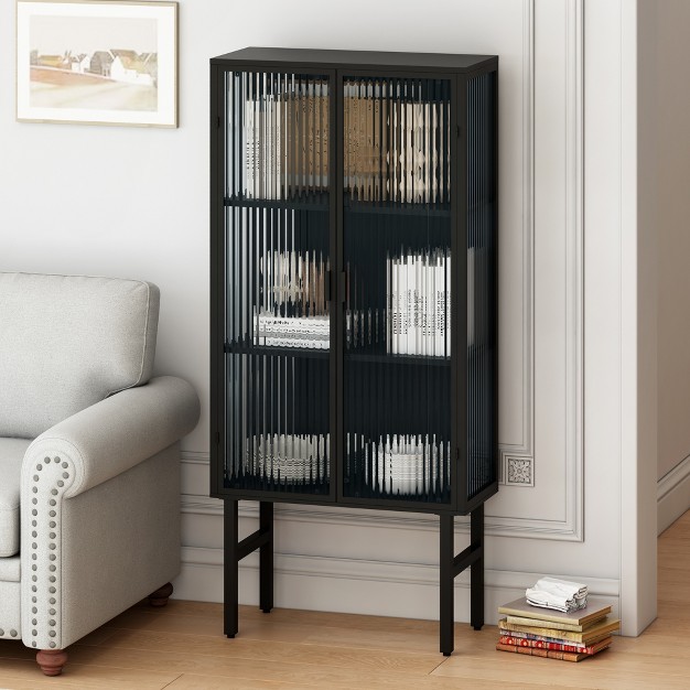 High Contemporary Glass Door Cabinet With Two Levels Of Storage Black Modernluxe