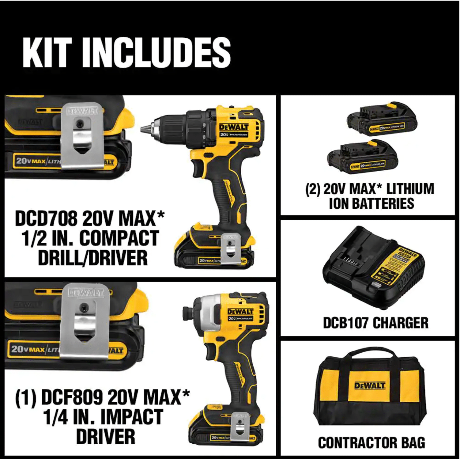 Dewalt ATOMIC 20-Volt MAX Cordless Brushless Compact Drill/Impact Combo Kit， DCK278C2