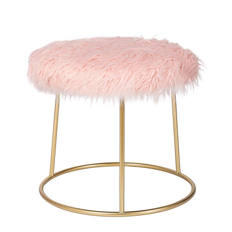 Adeco Vanity Stool Chair Fluffy Ottoman Footrest Round Metal Base