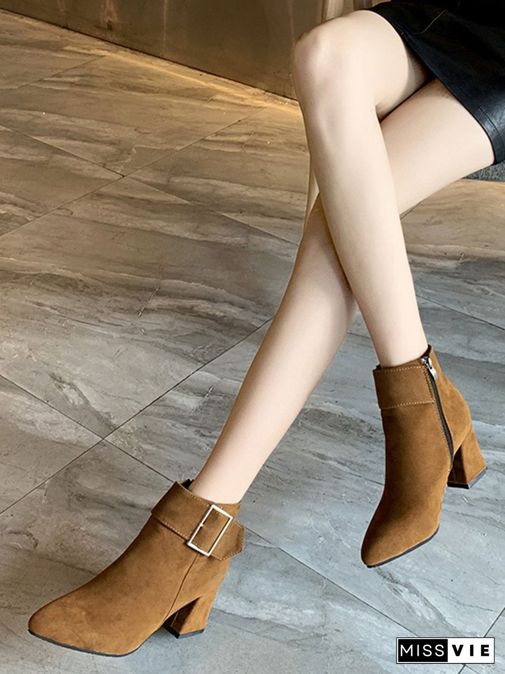 Chunky Heel Buckle Pointed-Toe Suede Martin Boots