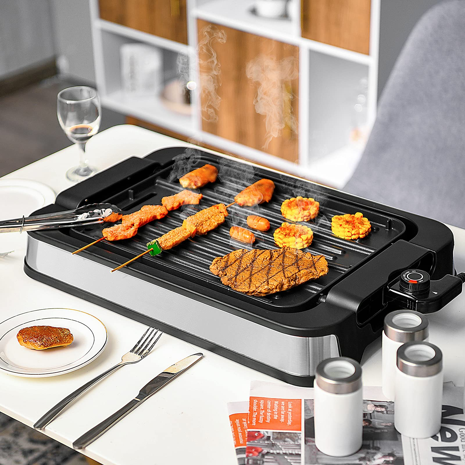 Costzon Indoor Smokeless Grill, 1500W Electric BBQ Griddle Contact Grilling with Removable Drip Tray