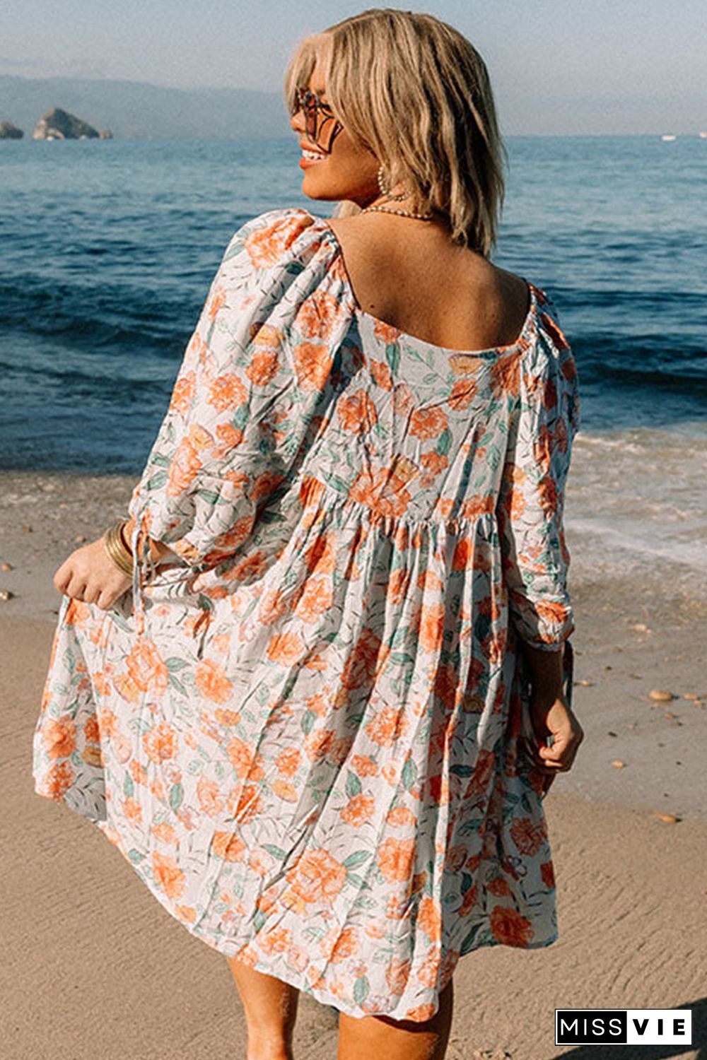 Orange Plus Size Square Neck Tie Sleeve Floral Dress