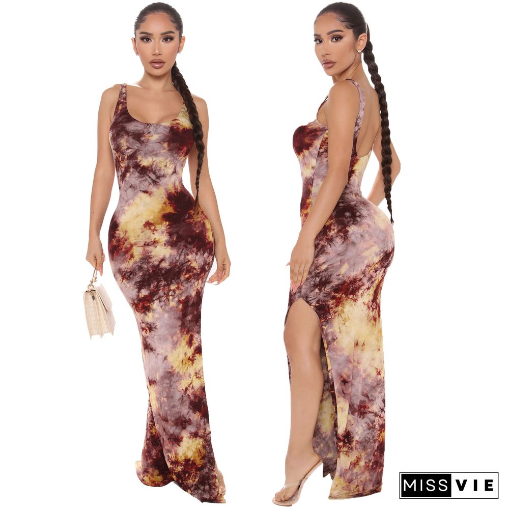 Hot Sales Women Summer New Tie Dye Print Sleeveless Bodycon Classic Beach Holiday Long Dresses