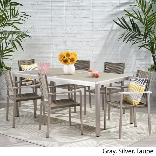 Gaviota Outdoor Modern 6 Seater Aluminum Dining Set with Tempered Glass Table Top by Christopher Knight Home