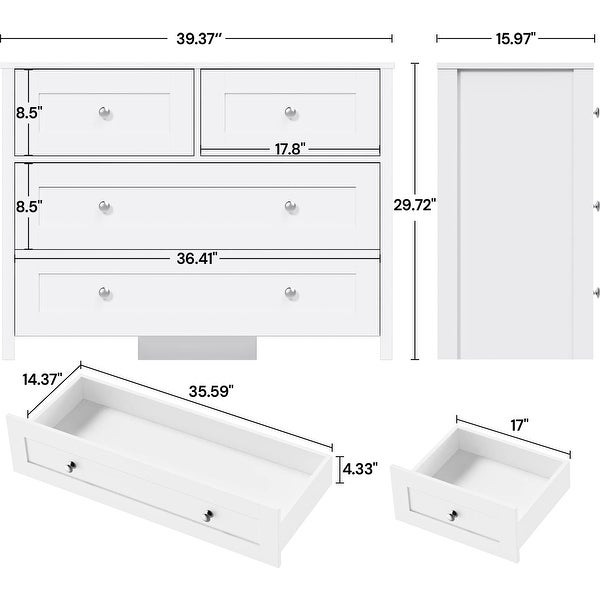 4 Drawer Dresser， White Dresser for Bedroom， Wide Nursery Dresser Storage Organizer Cabinet， Chest of Drawers - as picture - - 37668436