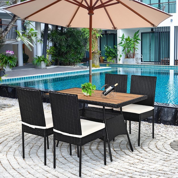 Costway 5 Pcs Patio Rattan Furniture Set Wood Top Table Cushioned Chairs Garden Yard Deck