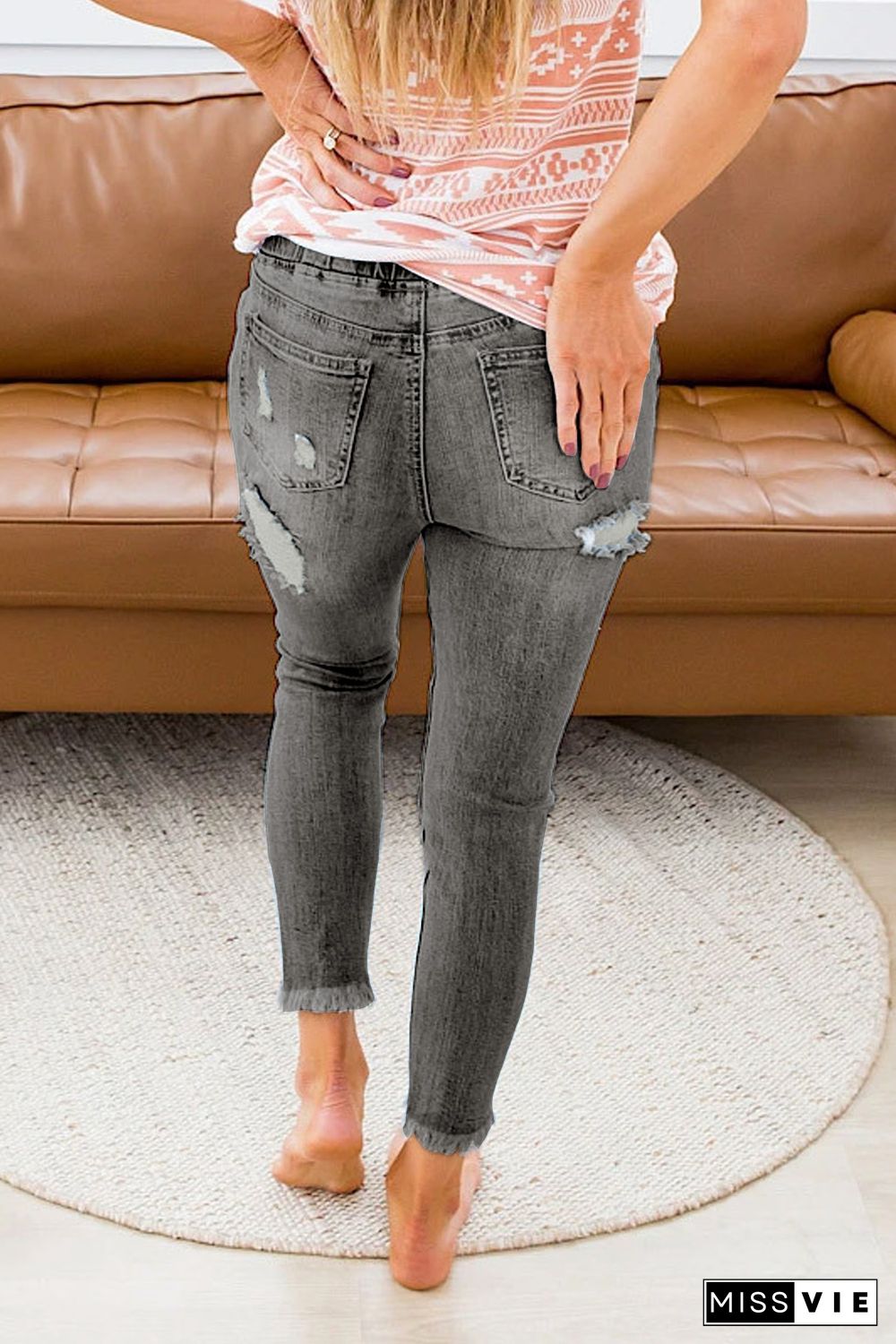 Gray Drawstring Elastic Waist Hole Ripped Jeans