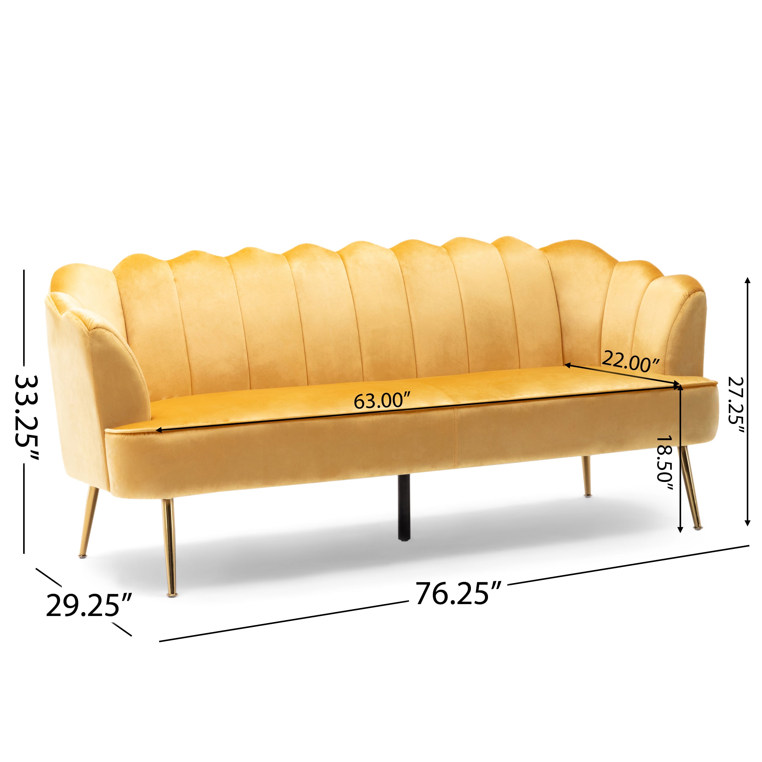 GDF Studio Ohnstad Modern Glam Velvet Channel Stitch 3 Seater Shell Sofa, Honey Yellow and Gold